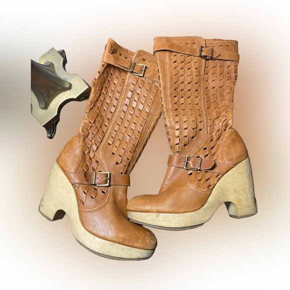 VINTAGE KENNETH COLE BROWN WOVEN LEATHER WOOD CLOG PLATFORM BOOTS US 8 - Picture 3 of 6